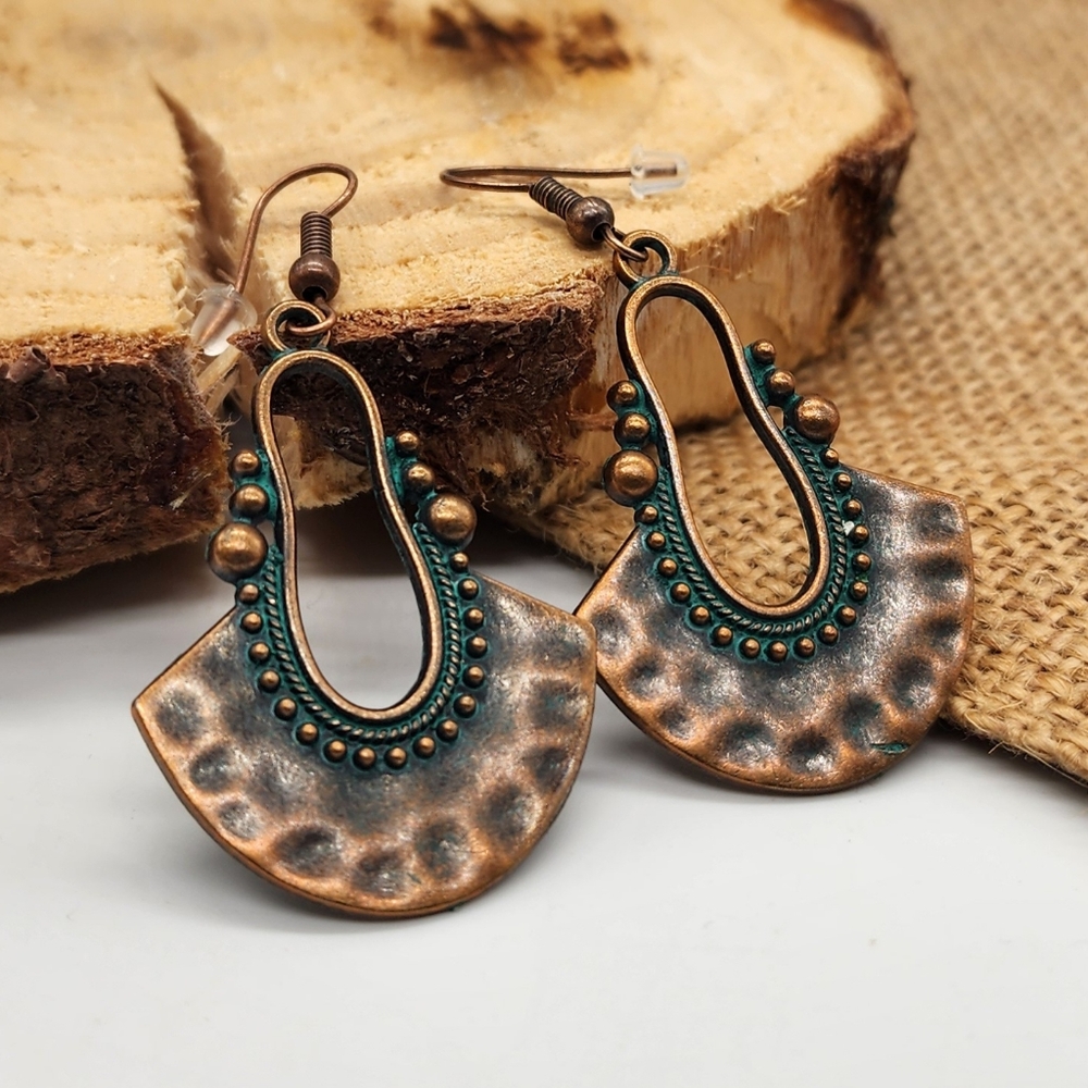 Boho Jewelry Hammered Copper Antique Gold Green Patina Drop Earrings
